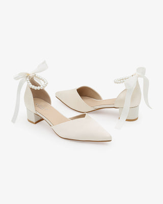 Ivory Satin Pointy Toe Low Block Heels Wedding Shoes with All Pearls Ankle Strap