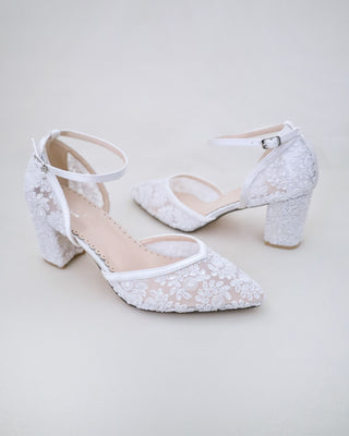 white lace wedding block heels