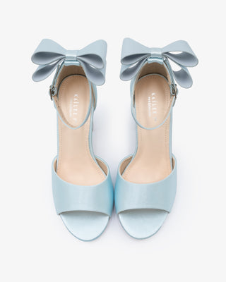 Light Blue Satin Block Heel Wedding Sandals with Back Tuxie Bow, Bridal shoes