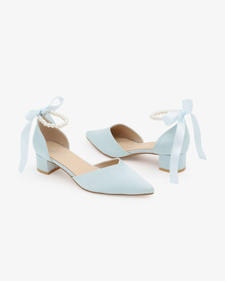 Satin Pointy Toe Low Block Heels Wedding Shoes with All Pearls Ankle StrapWomen Shoes