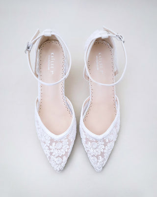 white lace wedding block heels