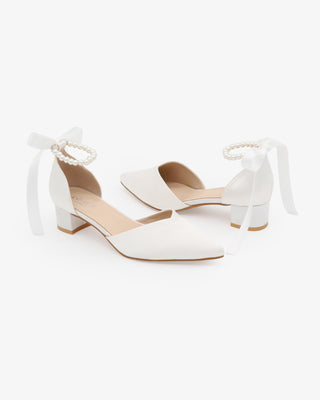 Satin Pointy Toe Low Block Heels Wedding Shoes with All Pearls Ankle StrapWomen Shoes