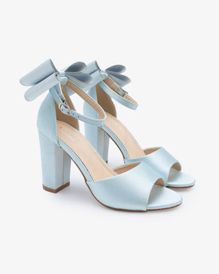 Light Blue Satin Block Heel Wedding Sandals with Back Tuxie Bow, Bridal shoes