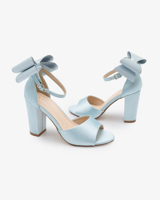 Light Blue Satin Block Heel Wedding Sandals with Back Tuxie Bow, Bridal shoes