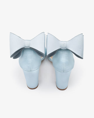 Light Blue Satin Block Heel Wedding Sandals with Back Tuxie Bow, Bridal shoes