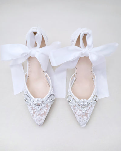 white crochet wedding block heels with pearl applique
