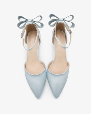 Light Blue Satin Pointy Toe Kitten Low Heel Wedding Shoes with Back Tuxie Bow
