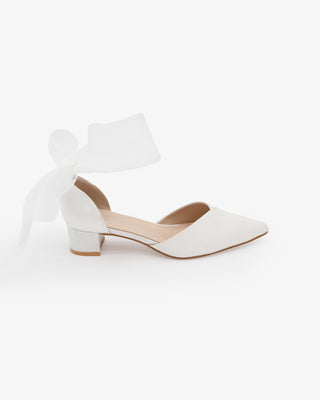 White Satin Pointy Toe Low Block Heels Wedding Shoes with Wrapped Ribbon Tie