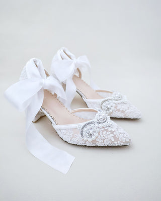 white crochet wedding block heels with pearl applique