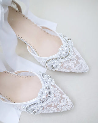 white crochet wedding block heels with pearl applique