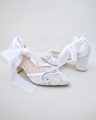 white crochet wedding block heels with pearl applique