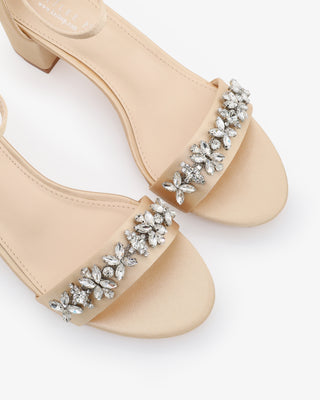 Satin Block Heel Sandals with Floral RhinestonesWomen Shoes