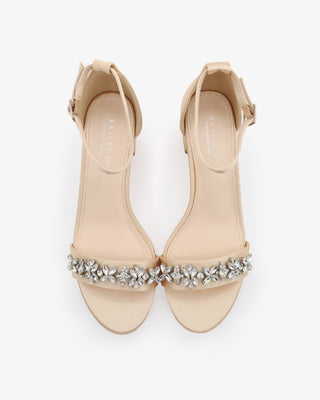 Satin Block Heel Sandals with Floral RhinestonesWomen Shoes