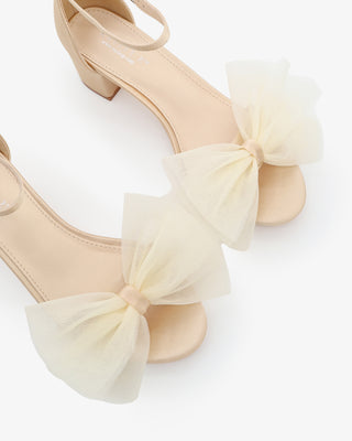 Satin Block Heel Sandal with Oversized Front Ivory Tulle BowWomen Shoes