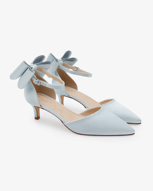 Satin Pointy Toe Kitten Low Heel Wedding Shoes with Back Tuxie Bow