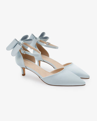 Light Blue Satin Pointy Toe Kitten Low Heel Wedding Shoes with Back Tuxie Bow