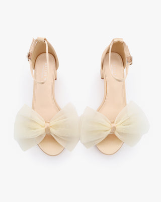 Satin Block Heel Sandal with Oversized Front Ivory Tulle BowWomen Shoes