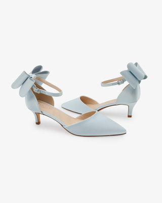 Light Blue Satin Pointy Toe Kitten Low Heel Wedding Shoes with Back Tuxie Bow