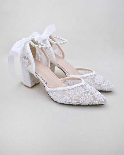white lace wedding block heels with pearl strap