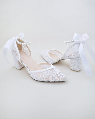 white lace wedding block heels with pearl strap