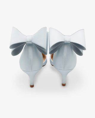 Light Blue Satin Pointy Toe Kitten Low Heel Wedding Shoes with Back Tuxie Bow
