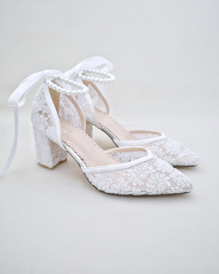 white lace wedding block heels with pearl strap