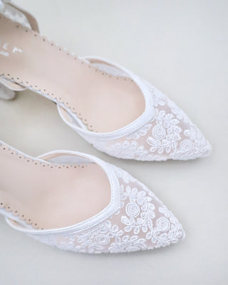 white lace wedding block heels with pearl strap