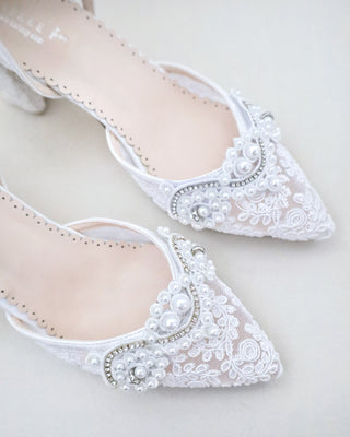 white lace block heels with pearl applique