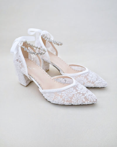 white lace wedding block heels with rhinestones strap