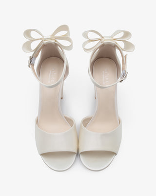 Ivory Satin Block Heel Wedding Sandals with Back Tuxie Bow, Bridal shoes