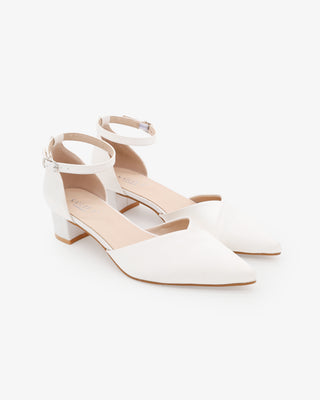 White Satin Pointy Toe Low Block Heels Wedding Shoes