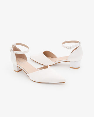 White Satin Pointy Toe Low Block Heels Wedding Shoes