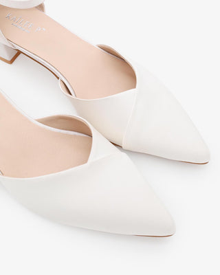 White Satin Pointy Toe Low Block Heels Wedding Shoes
