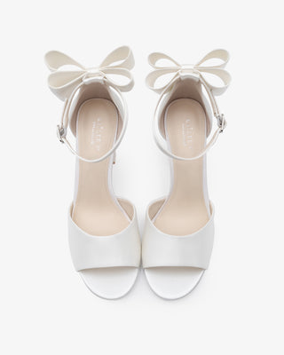 White Satin Block Heel Wedding Sandals with Back Tuxie Bow, Bridal shoes