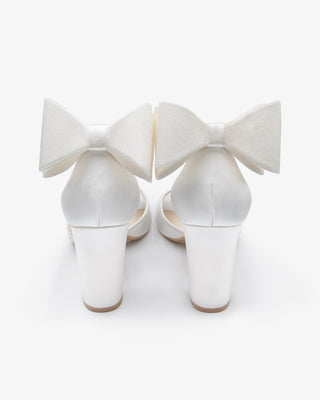 White Satin Block Heel Wedding Sandals with Back Tuxie Bow, Bridal shoes