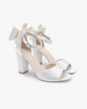 Satin Block Heel Wedding Sandals with Back Tuxie Bow