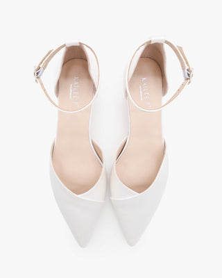 White Satin Pointy Toe Low Block Heels Wedding Shoes