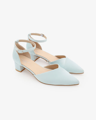 Light Blue Satin Pointy Toe Low Block Heels Wedding Shoes
