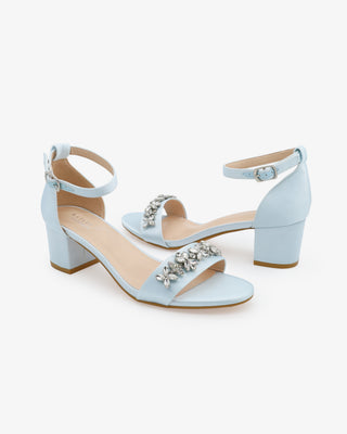 Satin Block Heel Sandals with Floral RhinestonesWomen Shoes