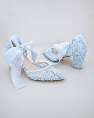 light blue lace block heels with ankle tie
