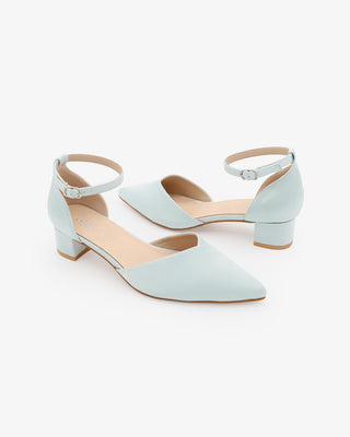 Light Blue Satin Pointy Toe Low Block Heels Wedding Shoes