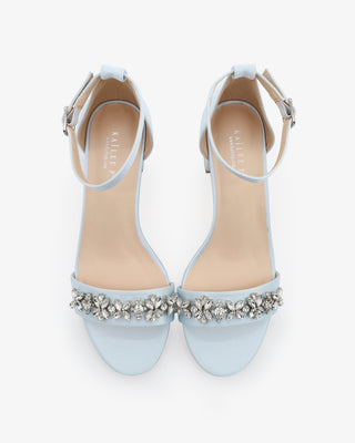 Satin Block Heel Sandals with Floral RhinestonesWomen Shoes
