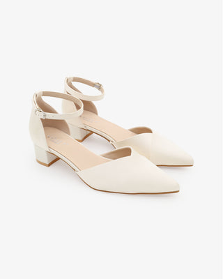 Ivory Satin Pointy Toe Low Block Heels Wedding Shoes
