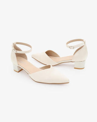 Ivory Satin Pointy Toe Low Block Heels Wedding Shoes