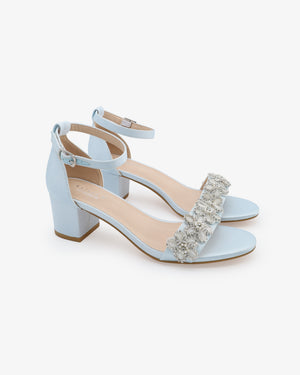 Satin Block Heel Wedding Sandals with Rhinestones Chassia Flower