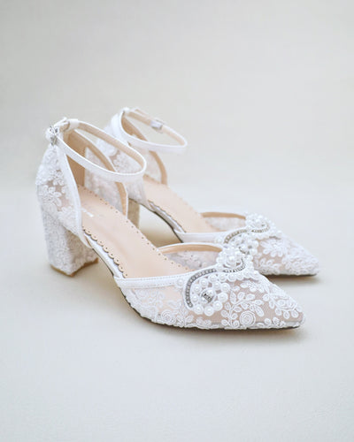 white lace block heels with pearl applique