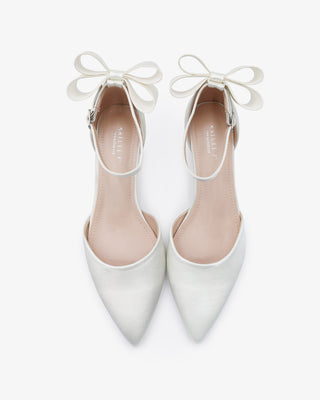 Satin Pointy Toe Kitten Low Heel Wedding Shoes with Back Tuxie BowWomen Shoes