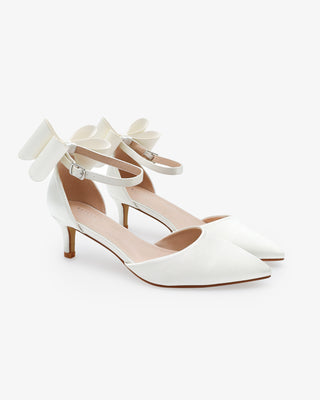 Satin Pointy Toe Kitten Low Heel Wedding Shoes with Back Tuxie BowWomen Shoes