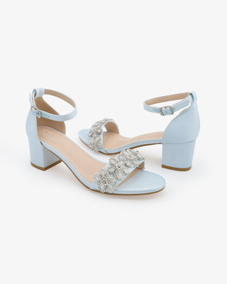 Satin Block Heel Wedding Sandals with Rhinestones Chassia FlowerWomen Shoes