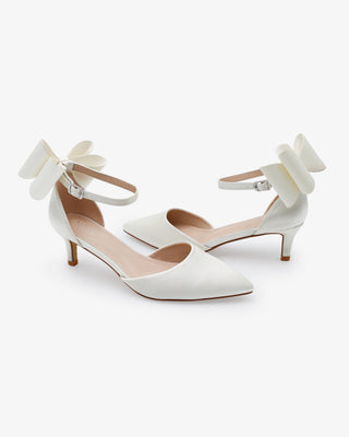 Satin Pointy Toe Kitten Low Heel Wedding Shoes with Back Tuxie BowWomen Shoes